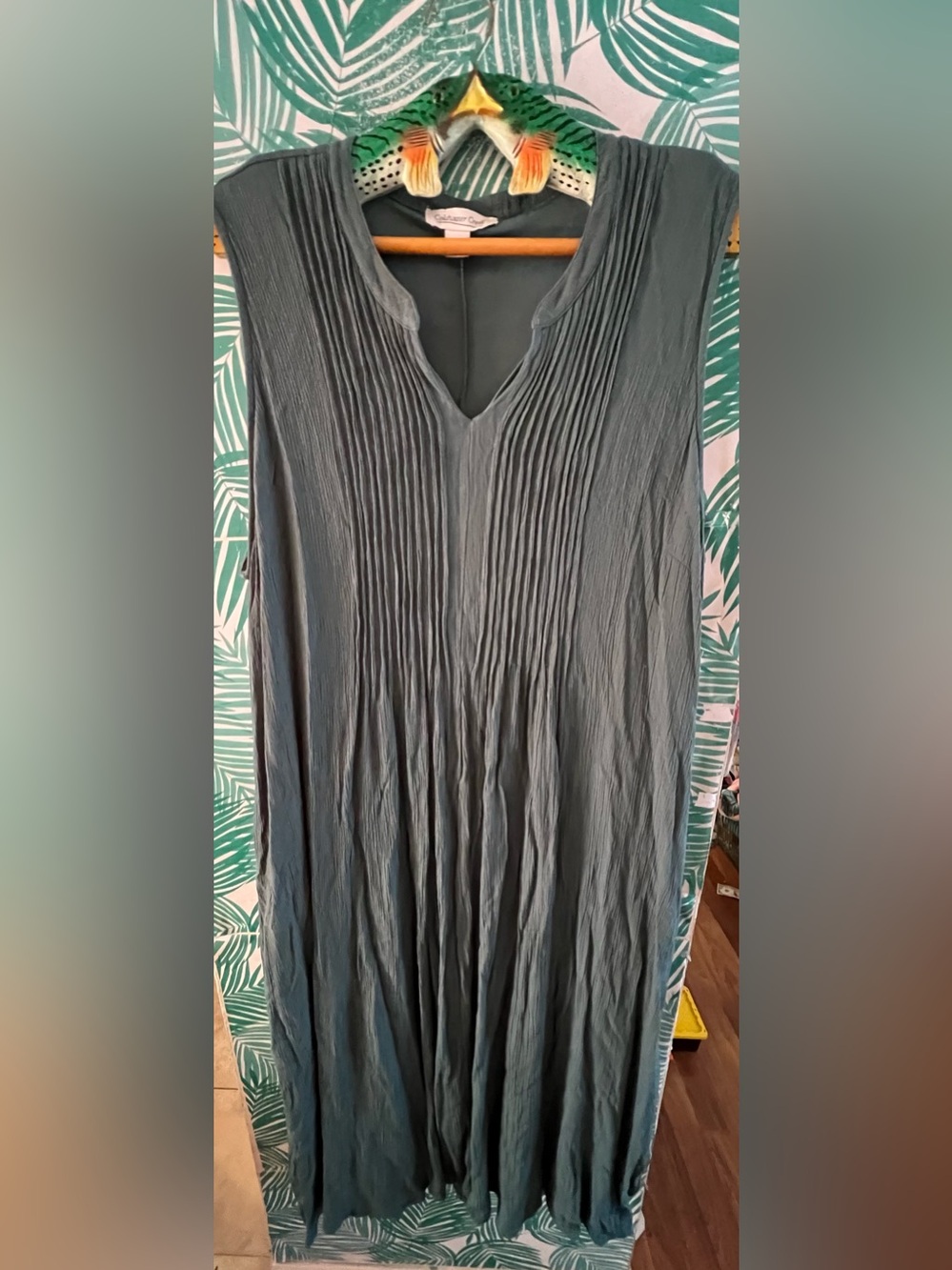 Coldwater Creek Gauze Slate Blue/green Pleated V-Neck Maxi Dress 2X w/ pockets